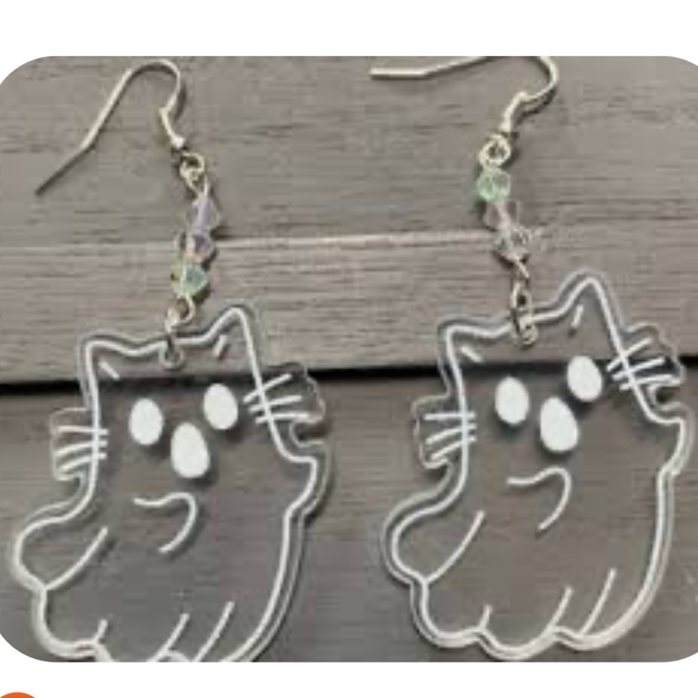 Clear Cat Ghosts Kitty Dangle Earrings Halloween Spooky Clear Silver Hooks New